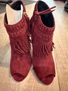 Rebecca Minkoff Burgundy Suede Fringe Peep-Toe Ankle Boots